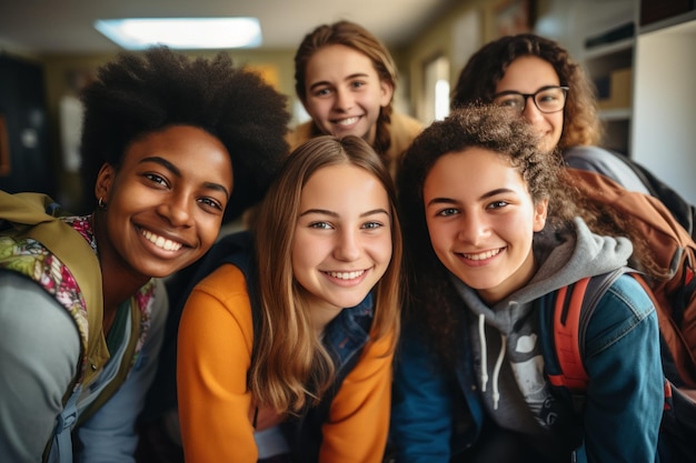 Een groep tieners met rugzakken in gelukkige stijl terug naar school