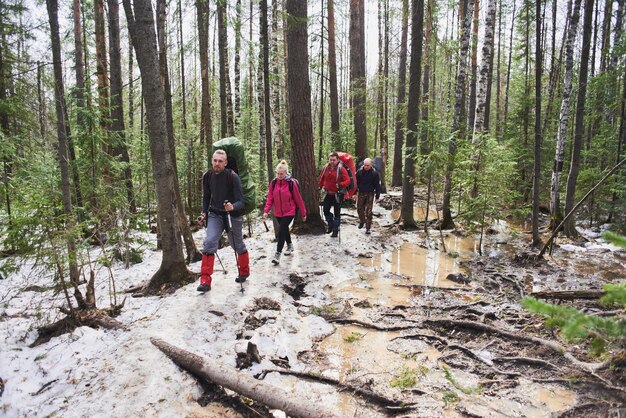 Een groep toeristen bestaande uit mannen en vrouwen die door het bos gaan