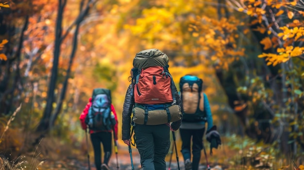 Een groep toeristen die rugzakken dragen buiten trekking op de berg in de herfst herfst wordt gezien wandelen op het bos pad met kamperen rugzakken Het wordt gezien van achter de wandelaar vrouw dragen een rugzak in