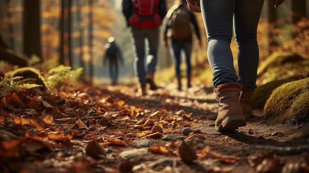 Een groep toeristen loopt langs een herfstpad in het bos.