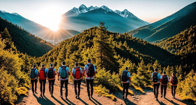 Een groep toeristen met rugzakken loopt in de bergen tegen de achtergrond van de zonsondergang achteraanzicht Generatieve AI