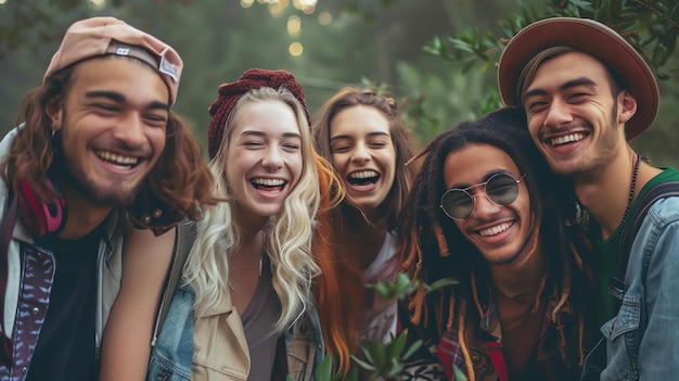 Een groep uiteenlopende en gelukkige vrienden die samen in de natuur lachen. Ze dragen casual kleding en zijn omringd door bomen.