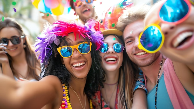 Een groep uiteenlopende en gelukkige vrienden vieren samen een feest