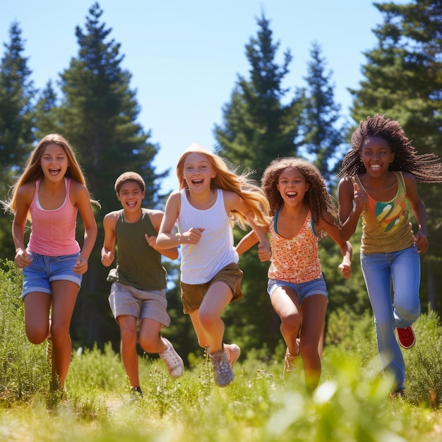 Een groep uiteenlopende kinderen loopt door een bos.