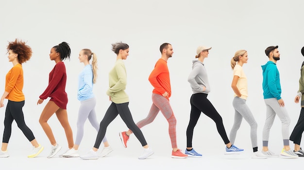 Een groep uiteenlopende mensen in atletiekkleding loopt in een rij tegen een witte achtergrond