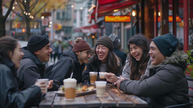 Een groep uiteenlopende vrienden lacht en geniet van koffie in een openluchtcafé in de stad