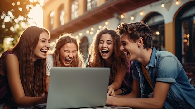Een groep universiteitsvrienden die buiten, omringd door groen, aan een laptop werken