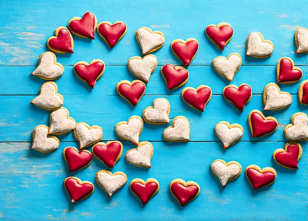 Een groep valentijnskoekjes met rode hartjes op een blauwe tafel