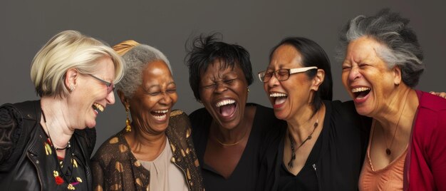 Een groep van diverse oudere dames die samen een openhartig moment van oncontroleerbaar gelach delen.