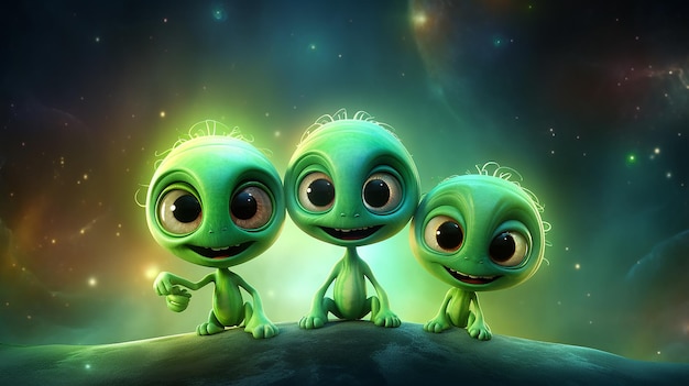 een groep van drie aliens op de achtergrond van mist fictieve ruimte graphics computer fantastisch