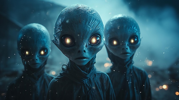 een groep van drie aliens op de achtergrond van mist fictieve ruimte graphics computer fantastisch