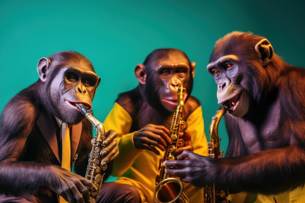 Een groep van drie apen die naast elkaar zitten Generatief AI-beeld