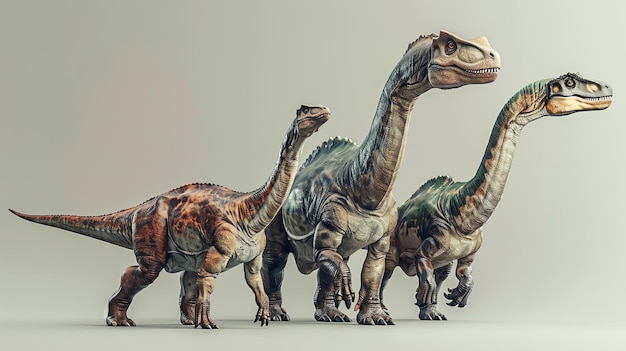 Foto een groep van drie dinosaurussen twee volwassenen en een jongere die naast elkaar lopen de dinosaurussen zijn allemaal van dezelfde soort die een soort sauropod is