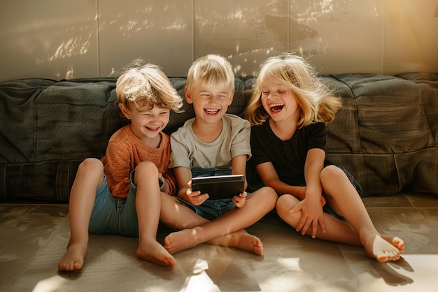 Een groep van drie kinderen die iets grappigs kijken op een tablet samen op de vloer zitten te lachen