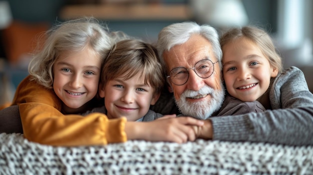 Een groep van drie kinderen en een oudere man liggend op een deken ai