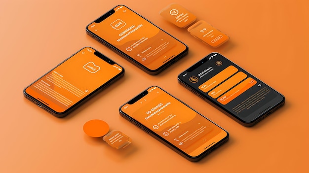 een groep van drie mobiele telefoons met oranje en oranje schermen