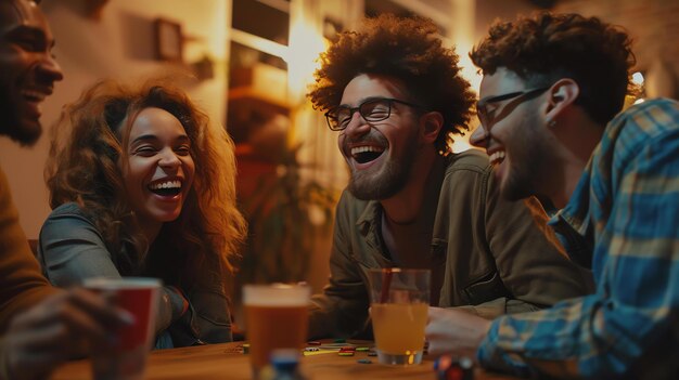 Een groep van drie vrienden zit rond een tafel te lachen en te drinken.