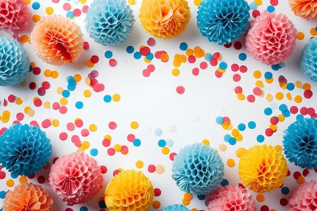 Een groep van kleurrijke papieren ballen op een wit oppervlak met een witte achtergrond met kleurrijke stippen en een