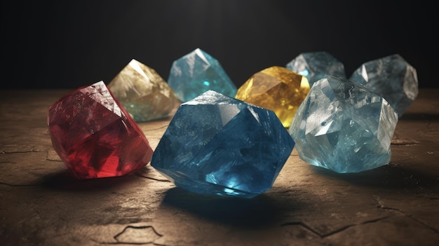 Een groep van verschillende gekleurde diamanten die bovenop een tafel zitten
