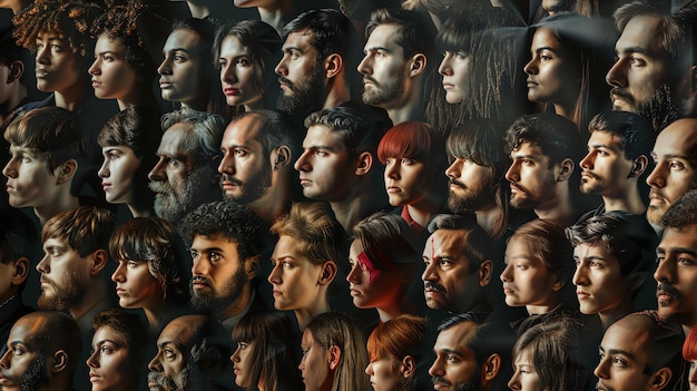 Foto een groep van verschillende mensen van alle leeftijden en etnische groepen de mensen kijken in verschillende richtingen en hebben verschillende uitdrukkingen op hun gezichten