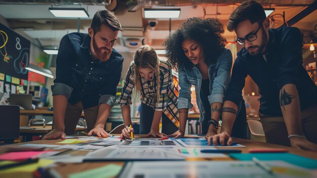 Een groep van vier jonge professionals werken samen in een kantoor. ze kijken allemaal naar een tafel bedekt met papieren en kleverige notities.