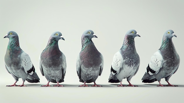 Foto een groep van vier realistische duiven staan in een rij op een witte achtergrond de duiven zijn allemaal verschillende kleuren met grijze bruine en witte veren