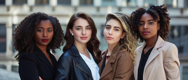 Een groep van vier verschillende professionele vrouwen die buiten poseren in zakelijke kleding