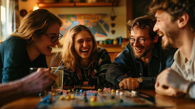 Een groep van vier vrienden speelt samen een bordspel ze lachen allemaal en hebben een leuke tijd de kamer is gezellig en uitnodigend