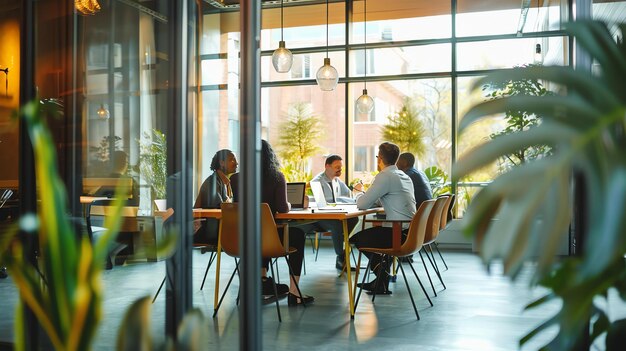 Een groep van vier zakelijke professionals die een vergadering hebben in een moderne kantoorruimte ze zitten allemaal rond een tafel en kijken naar een laptop