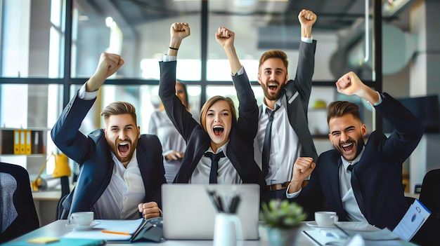 Een groep van vier zakelijke professionals vieren een overwinning in het kantoor