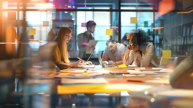 Een groep van vier zakelijke professionals werken tot laat in het kantoor. Ze zijn allemaal casual gekleed en werken samen aan een project.