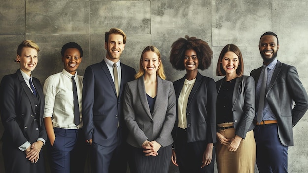 Een groep van zes zakelijke professionals poseert voor een foto. Ze dragen allemaal pakken of formele zakelijke kleding.