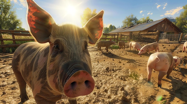 Foto een groep varkens op een boerderij de varkens zijn van verschillende rassen en maten ze staan in een hok met een houten hek op de achtergrond