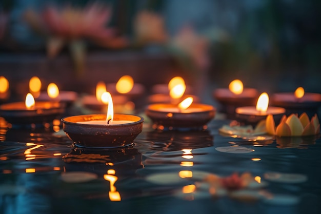 een groep verlichte kaarsen die in een vijver drijven