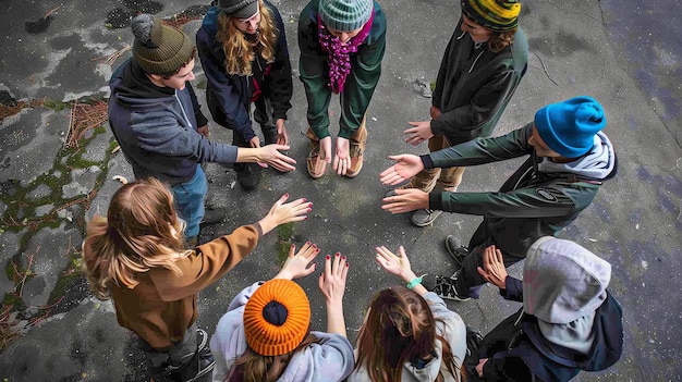 Een groep verschillende jonge mensen in casual kleding staan in een cirkel met hun handen in het midden en kijken naar hun handen.