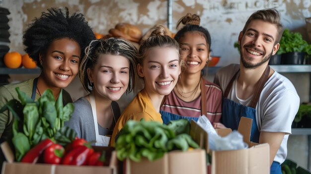 Foto een groep verschillende jonge mensen staat samen in een supermarkt glimlachend en lachend ze zijn omringd door verse producten en ander gezond voedsel