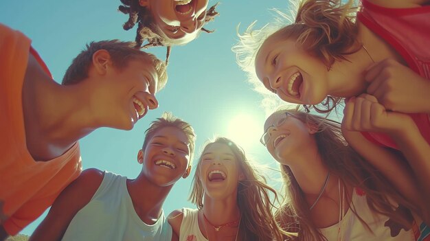 Foto een groep verschillende kinderen die samen lachen.