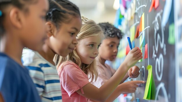 Foto een groep verschillende leerlingen van de lagere school brainstormt ideeën en schrijft ze op plaknoten tijdens een klasproject