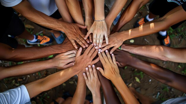 Foto een groep verschillende mensen die hun handen bij elkaar houden over een stapel bladeren