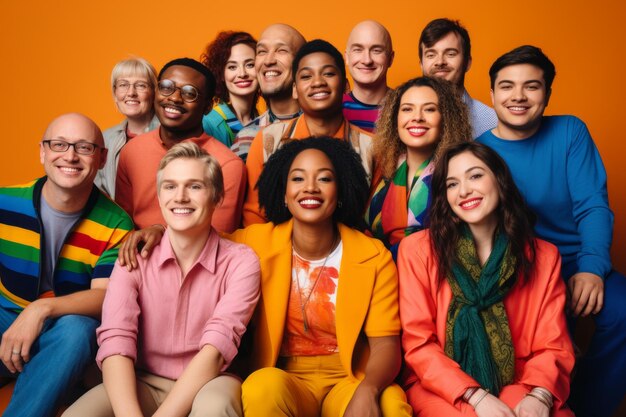 Een groep verschillende mensen die samen poseren in een studio met een oranje achtergrond