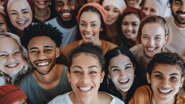 Een groep verschillende mensen uit verschillende culturen en etnische groepen glimlacht en kijkt naar de camera