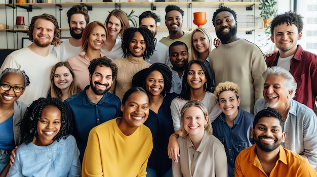 Een groep verschillende mensen van alle leeftijden en rassen glimlacht en poseert voor een foto