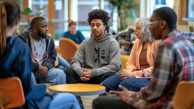 Foto een groep verschillende mensen zit in een cirkel en heeft een discussie. ze dragen allemaal casual kleding en lijken betrokken te zijn bij het gesprek.