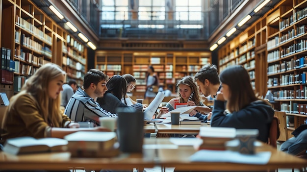 Een groep verschillende studenten die samen studeren in een bibliotheek ze zitten allemaal rond een tafel en zijn omringd door boeken