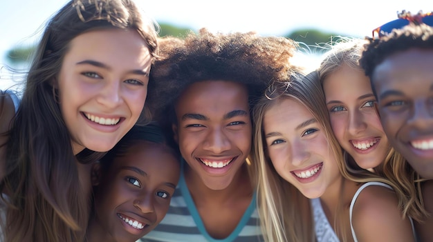 Een groep verschillende tieners poseert voor een foto ze glimlachen allemaal en kijken naar de camera de achtergrond is wazig