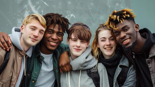 Foto een groep verschillende tieners poseert voor een foto. ze glimlachen allemaal en omhelzen elkaar.