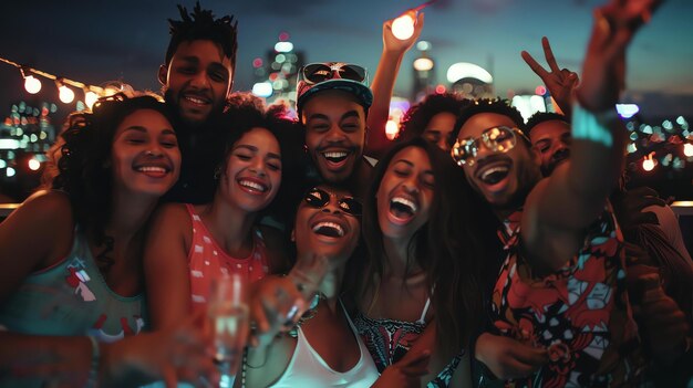 Een groep verschillende vrienden houdt een feestje op een dak. Ze glimlachen en lachen allemaal en sommigen van hen houden drankjes vast.