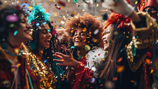 Een groep verschillende vrouwen viert het carnaval op straat. Ze dragen kleurrijke kostuums en dansen op de muziek.