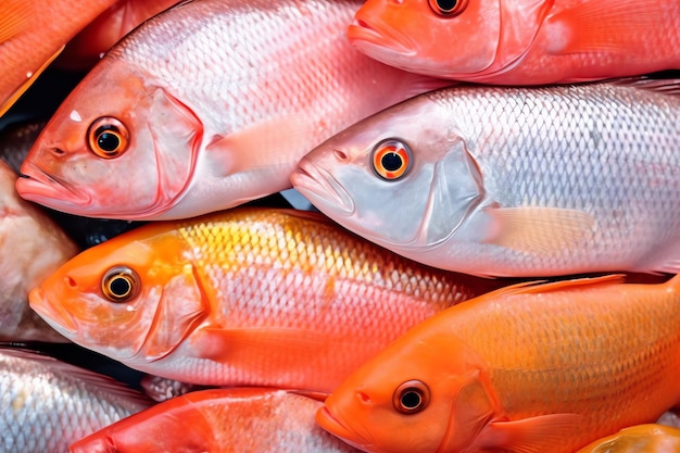 Een groep vissen met rode en witte schubben