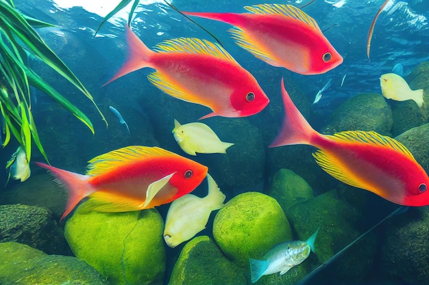 Een groep vissen zwemt in een aquarium.